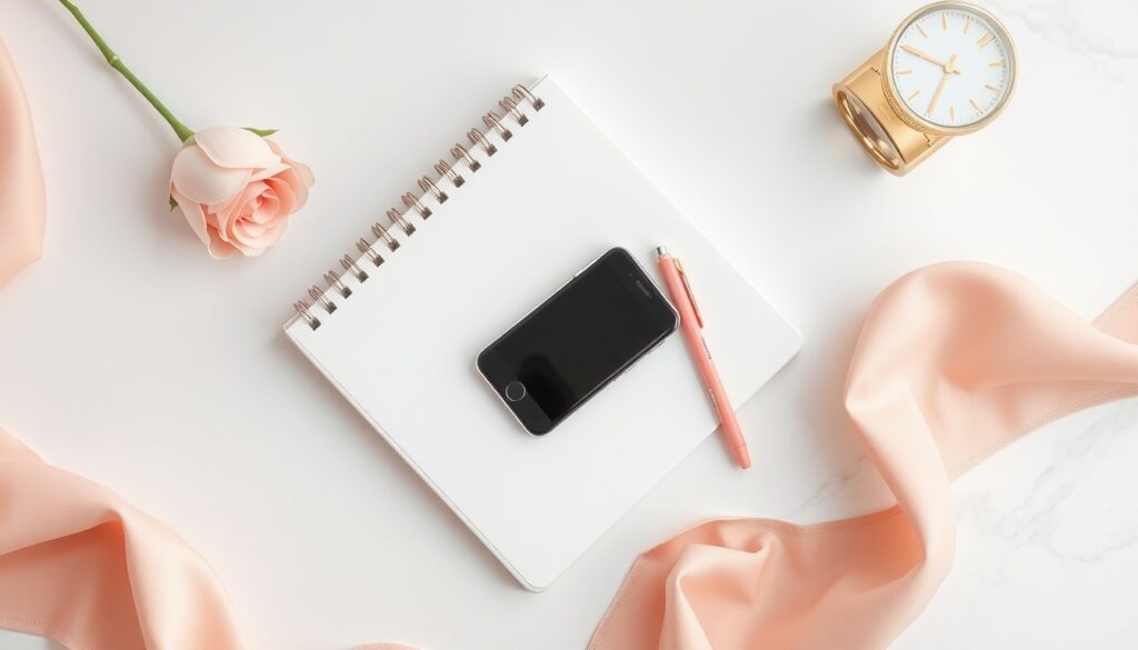 시간 관리 팁 - flat lay of planner notebook, pastel pen and smartphone on white desk, time management tips concept