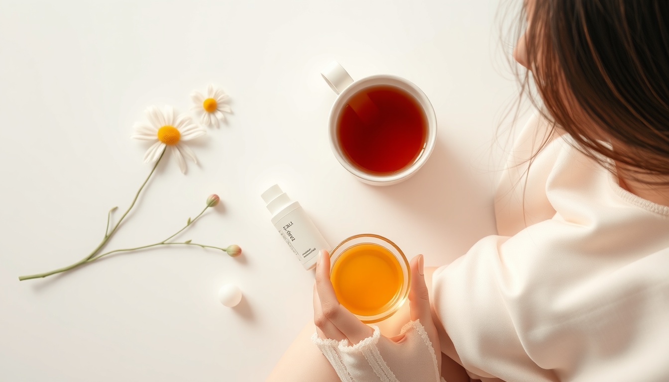 수면 개선 방법 - Korean woman upper body shot with face visible, drinking warm chamomile tea before sleep in cozy bedroom, natural hands, soft warm lighting, sleep improvement lifestyle