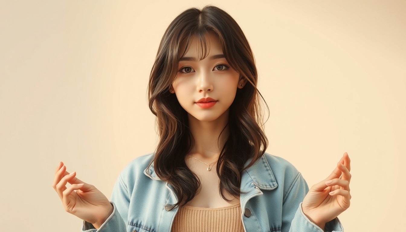 헤어 스타일 - Korean woman full body shot with face visible, wearing casual spring outfit and showing stylish 2026 hair style, natural hands, bright studio background