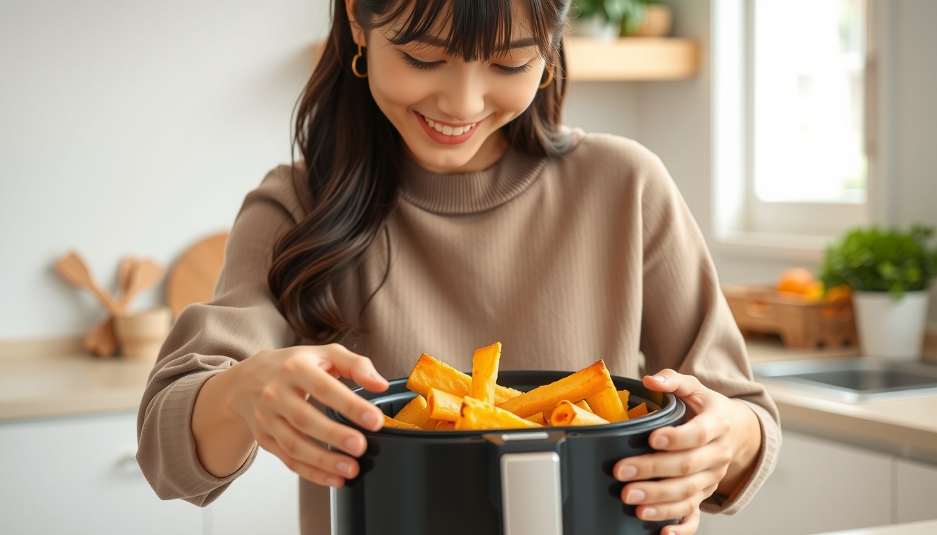 에어프라이어 요리 - upper body shot of Korean woman with face visible, smiling while placing food in air fryer in bright modern kitchen, natural hands