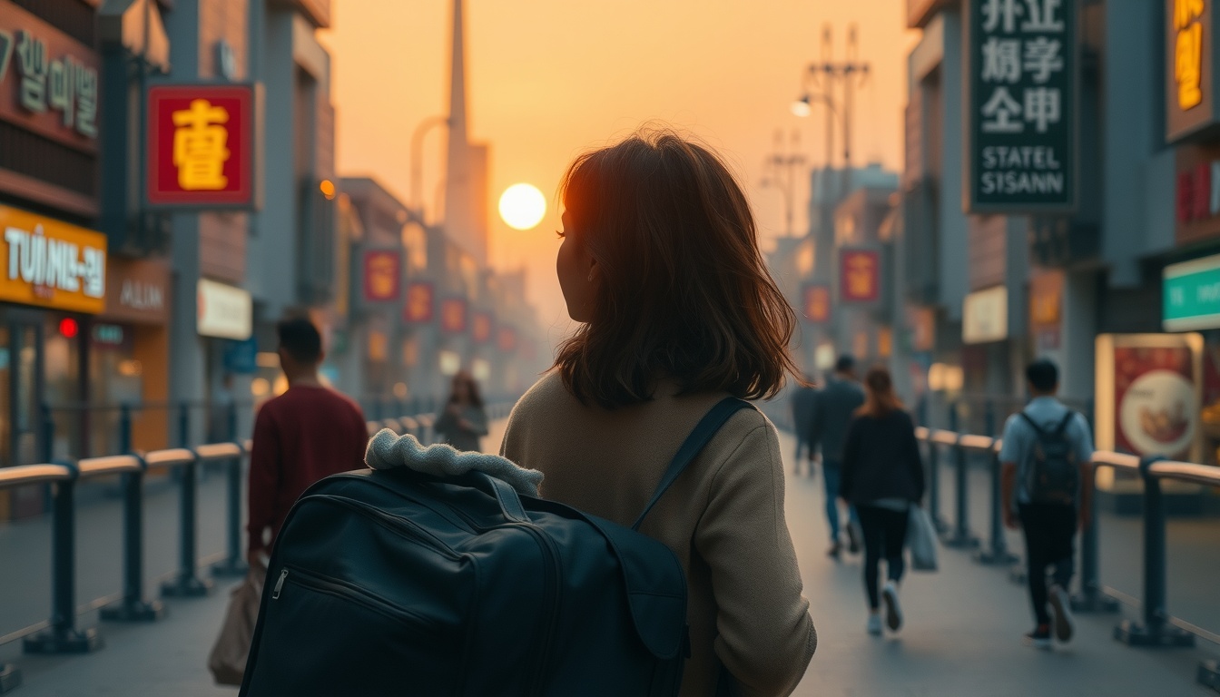 여행 짐싸기 - Korean woman upper body shot with face visible, packing travel bag with clothes and toiletries, natural hands, warm home interior background