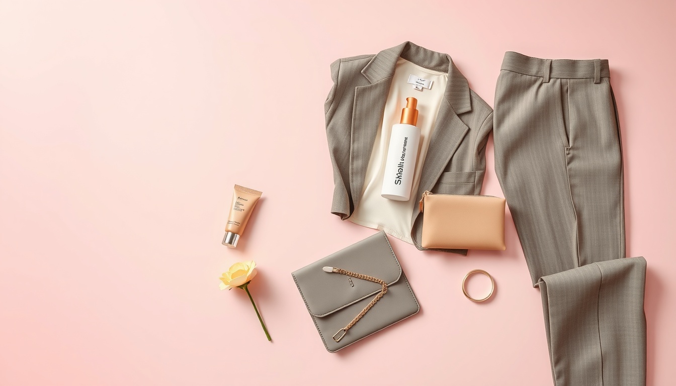 출근룩 코디 - flat lay of stylish office outfit items including blazer, trousers, and accessories on white background, work outfit coordination concept