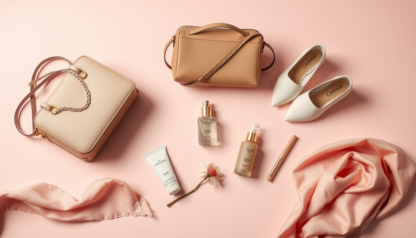 컬러 매칭 - flat lay of fashion accessories including bags, shoes, scarves in coordinated color palette, 2026 fashion trend concept