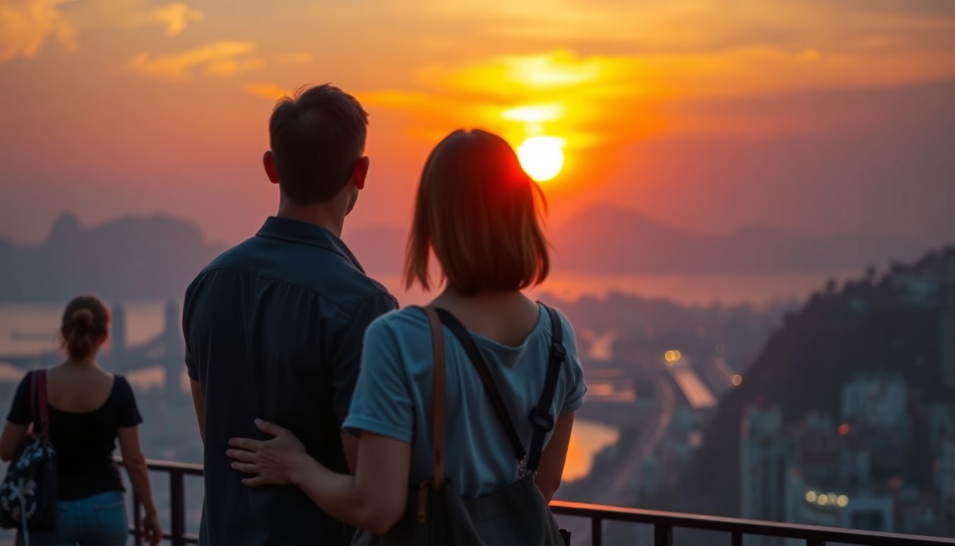 실미 유원지 - romantic couple upper body shot with face visible, watching sunset at Silmi Yuwonji beach, warm golden light, natural hands