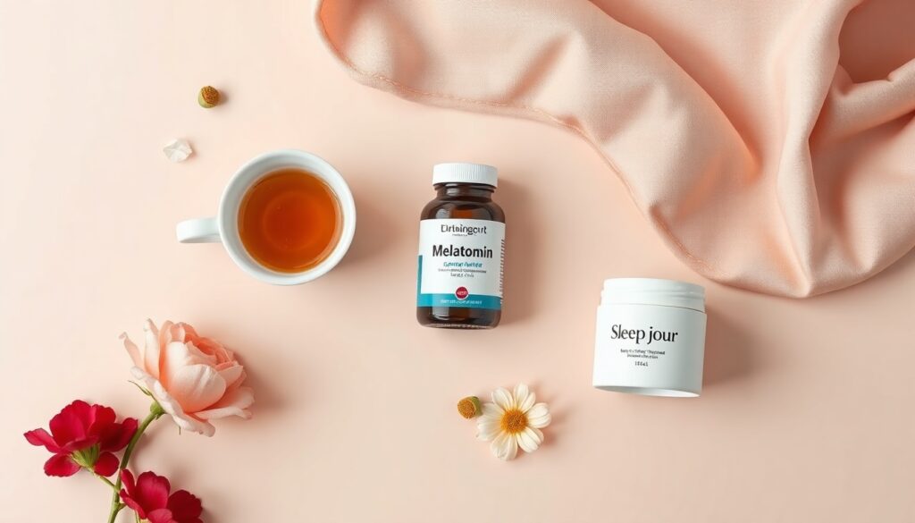 맬라토닌 - flat lay of melatonin supplement bottle, chamomile tea, eye mask, and sleep journal on soft white background, melatonin sleep concept