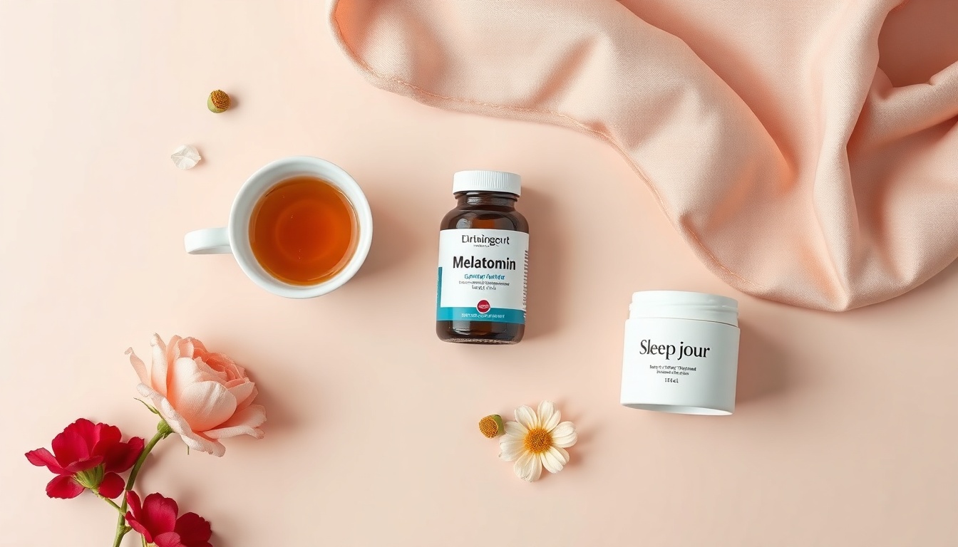 맬라토닌 - flat lay of melatonin supplement bottle, chamomile tea, eye mask, and sleep journal on soft white background, melatonin sleep concept