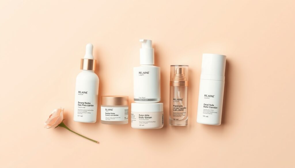 멜라바인 - flat lay of skincare products on beige background, mela vine skin tone trend concept, aesthetic minimal style