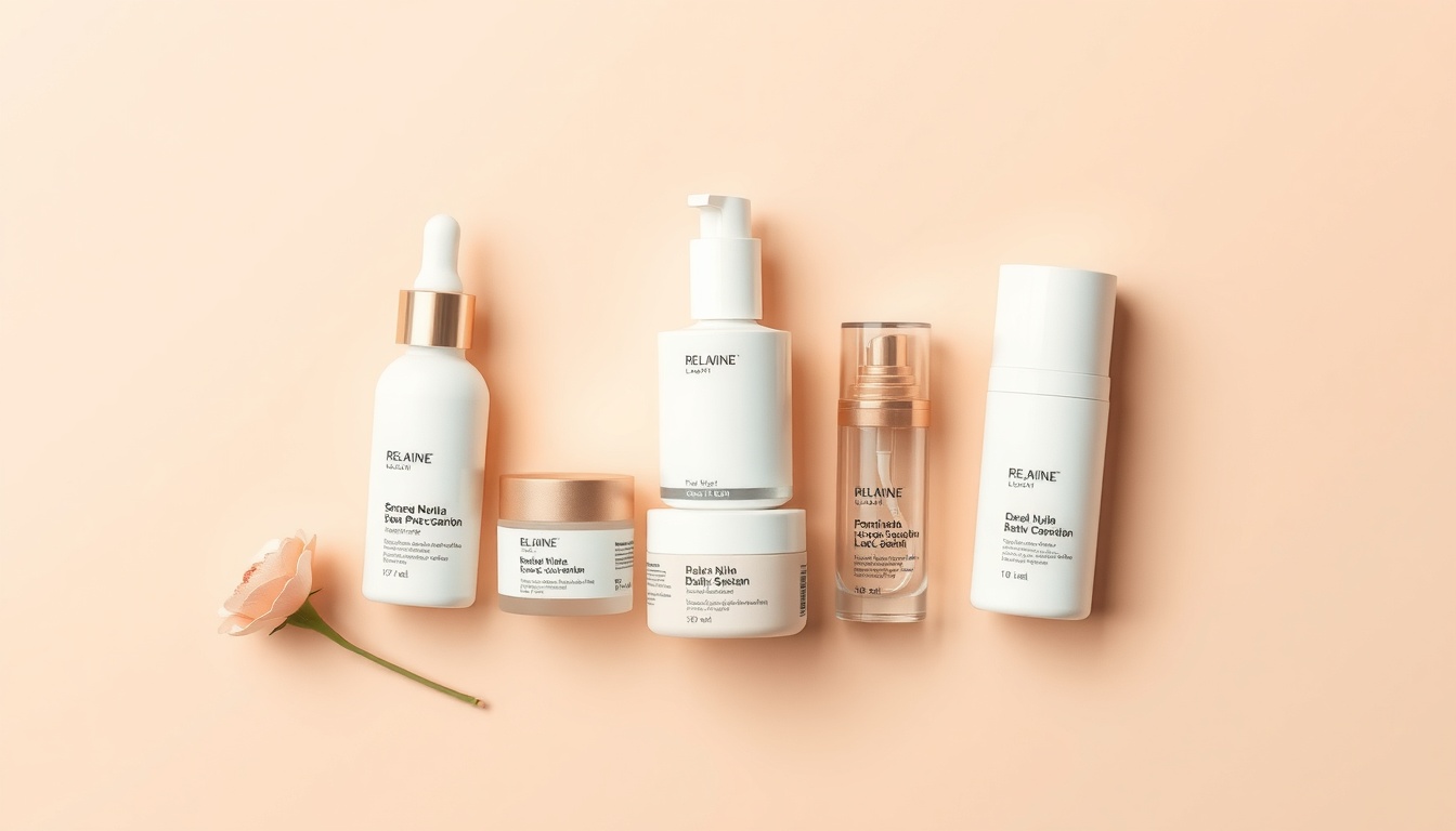 멜라바인 - flat lay of skincare products on beige background, mela vine skin tone trend concept, aesthetic minimal style
