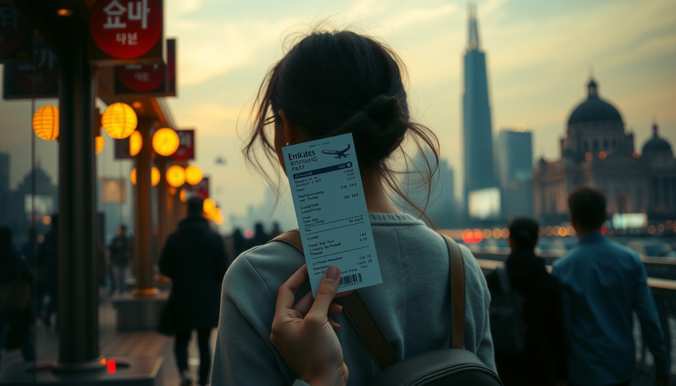 에미레이트 항공 - Korean woman upper body shot with face visible, holding Emirates boarding pass at Dubai airport terminal, natural hands, warm lighting