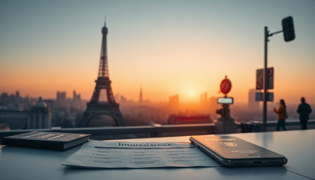 삼성화재 국내 여행자 보험 - flat lay of travel insurance documents, smartphone, and passport on white desk, Samsung Fire domestic travel insurance concept