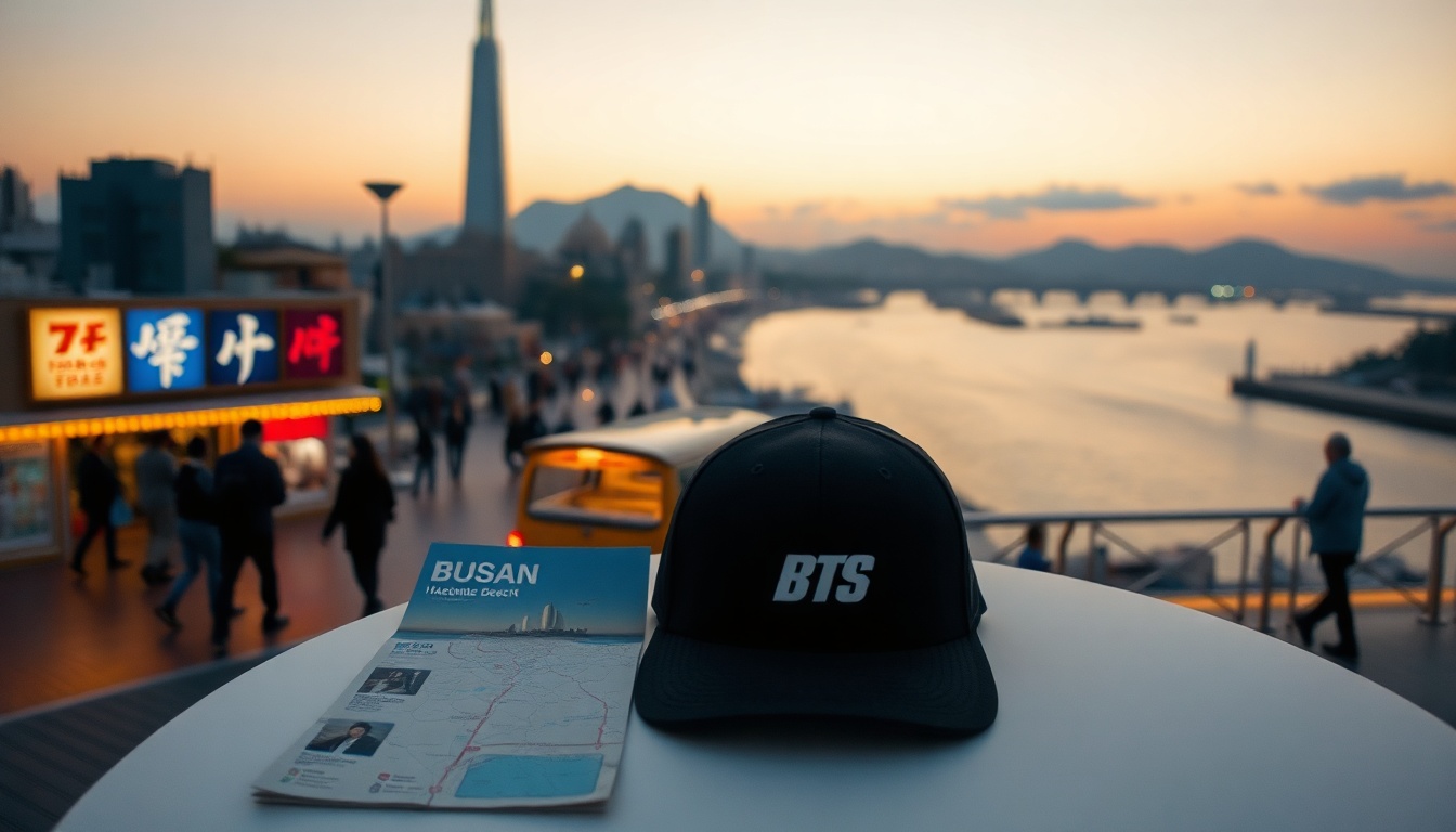 르포 해운대서 - flat lay of BTS fan merchandise and Busan Haeundae beach map on white desk, travel guide concept