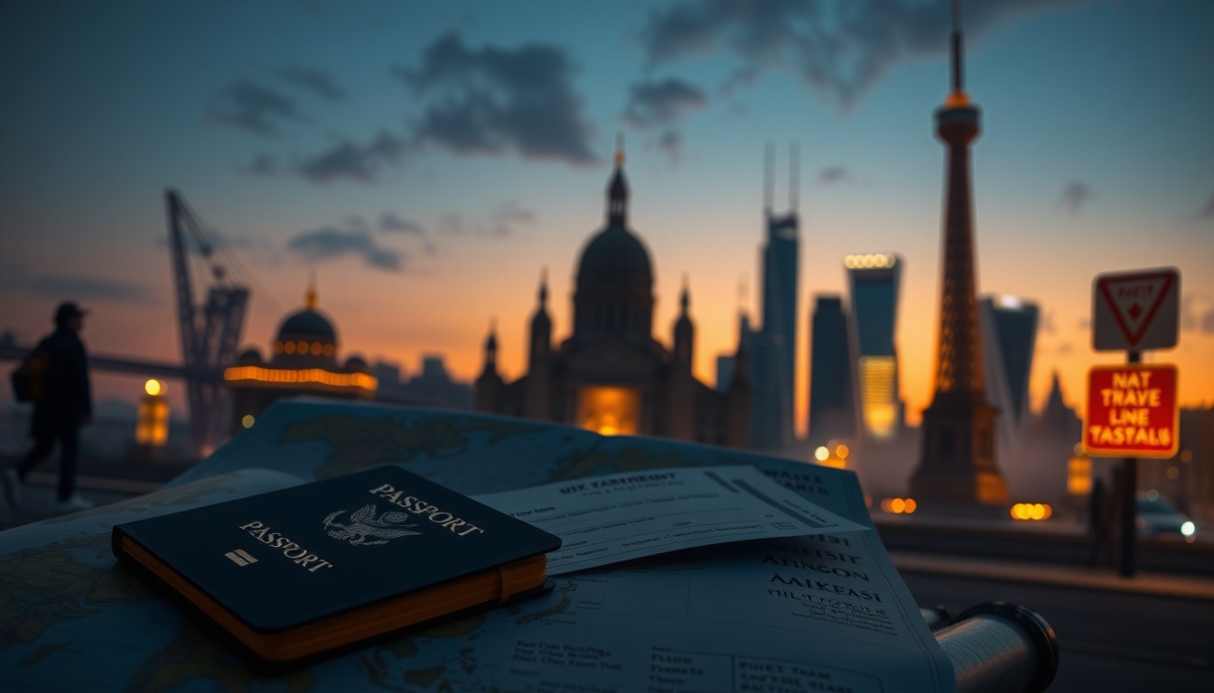 하나투어 패키지 - flat lay of travel essentials including passport, world map, airplane ticket and camera on white background, hana tour package travel concept
