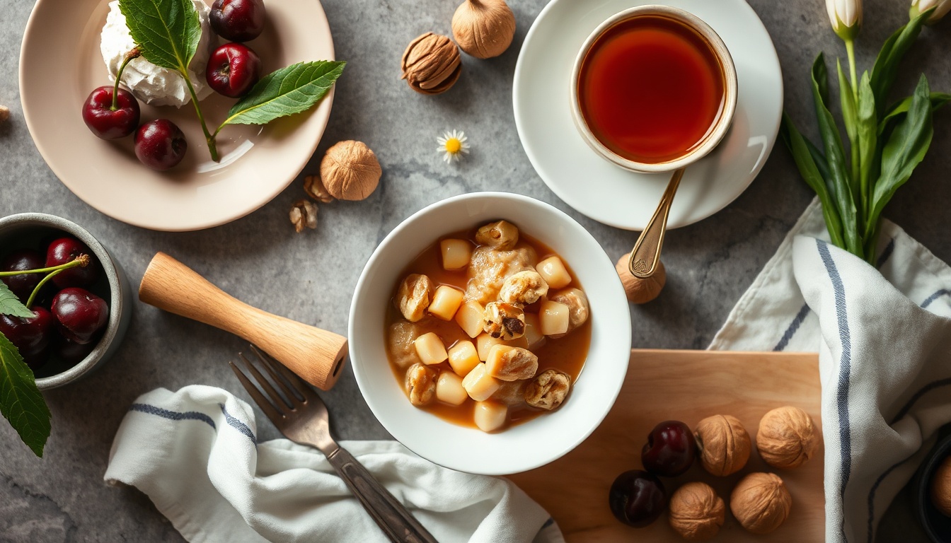 식물성멜라토닉 - flat lay of natural sleep foods including cherries, walnuts, and chamomile tea on white wooden table, plant-based melatonin concept