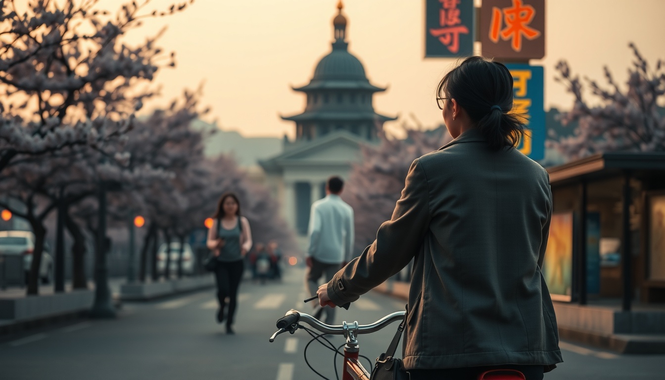경주벚꽃 - Korean woman full body shot with face visible, cycling along cherry blossom tunnel in Gyeongju, wearing spring outfit, natural expression