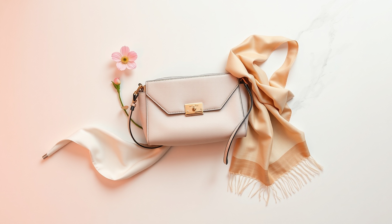 명품 브랜드 - flat lay of luxury brand accessories including handbag and scarf on white marble surface, elegant lifestyle concept