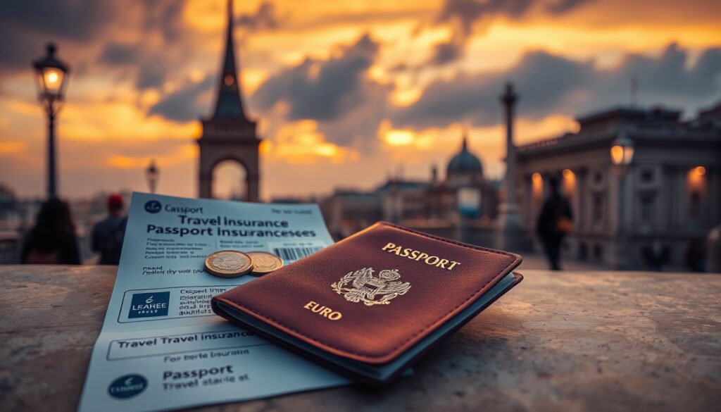 유럽 여행자 보험 추천 - flat lay of passport, airplane ticket, travel insurance documents and euro coins on white background, Europe travel insurance concept