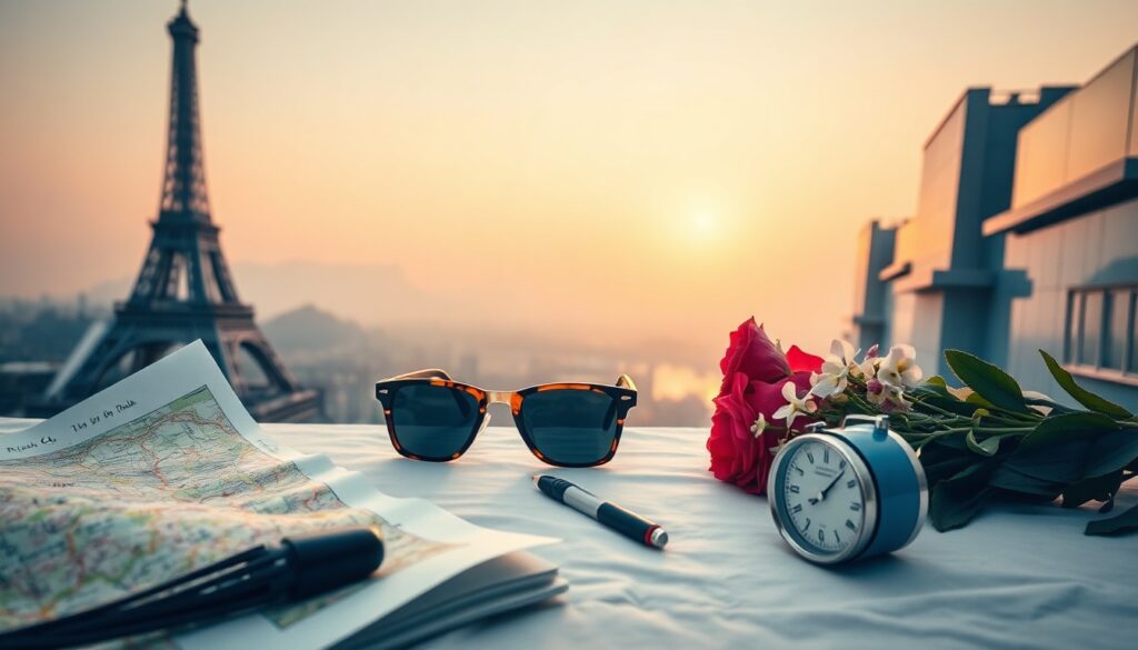 국내 여행지 추천 여행 - flat lay of travel essentials including map, sunglasses, and flowers on pastel background, domestic Korea travel recommendation concept