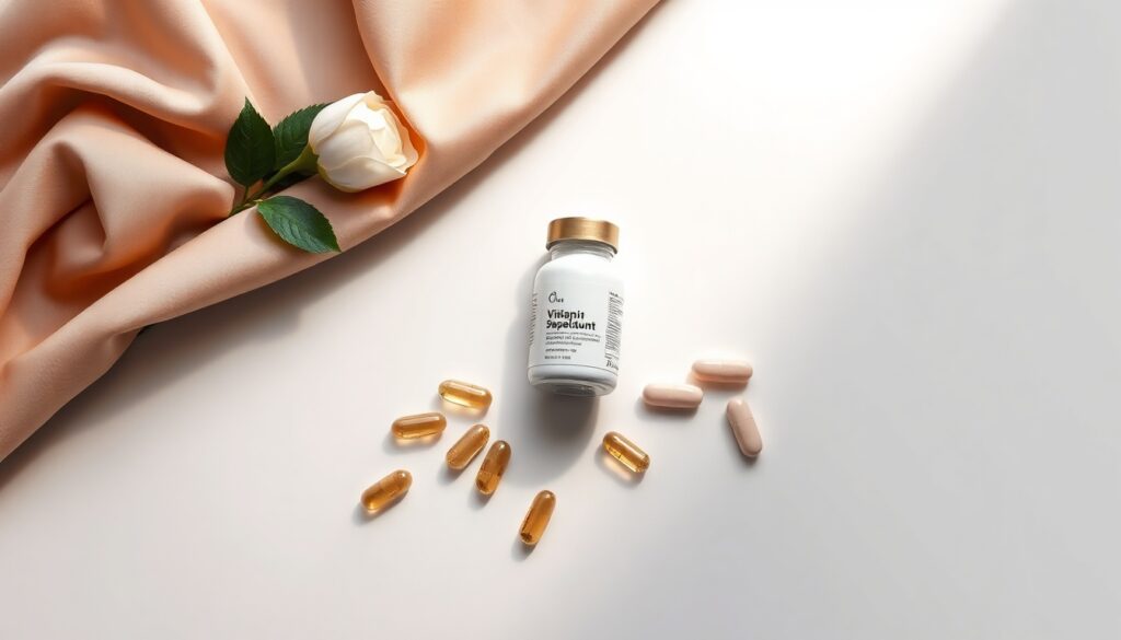 이석증영양제 - flat lay of vitamin supplements and capsules on white marble desk, ear health and vestibular nutrition concept
