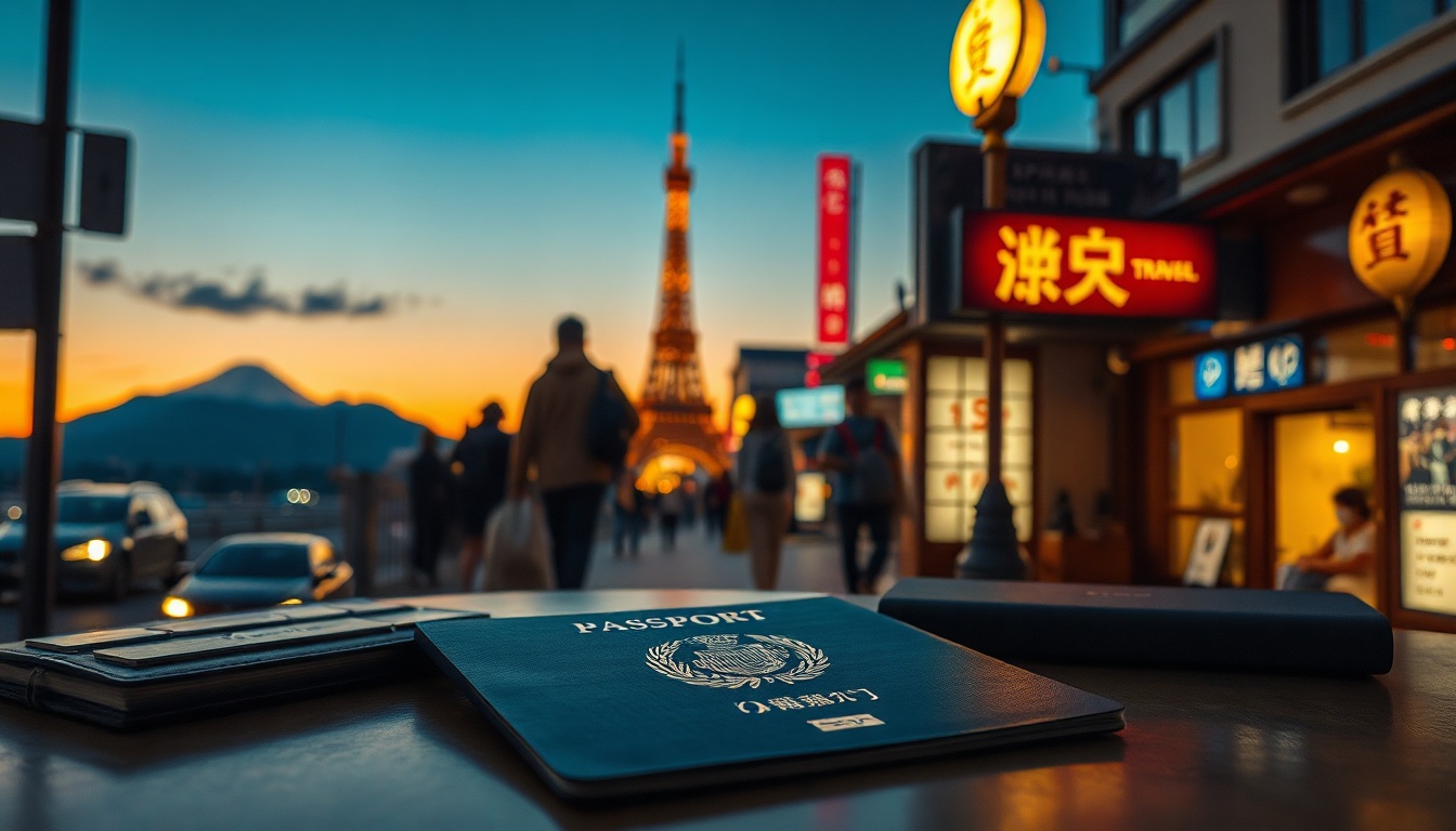 일본 여행자 보험 추천 - flat lay of Japanese travel items including passport, yen coins, travel insurance documents and cherry blossom on white background, Japan travel insurance concept