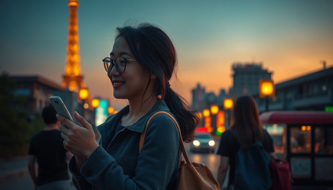 삼성화재 국내 여행자 보험 - Korean woman upper body shot with face visible, smiling and holding smartphone with travel insurance app, natural hands, bright natural lighting