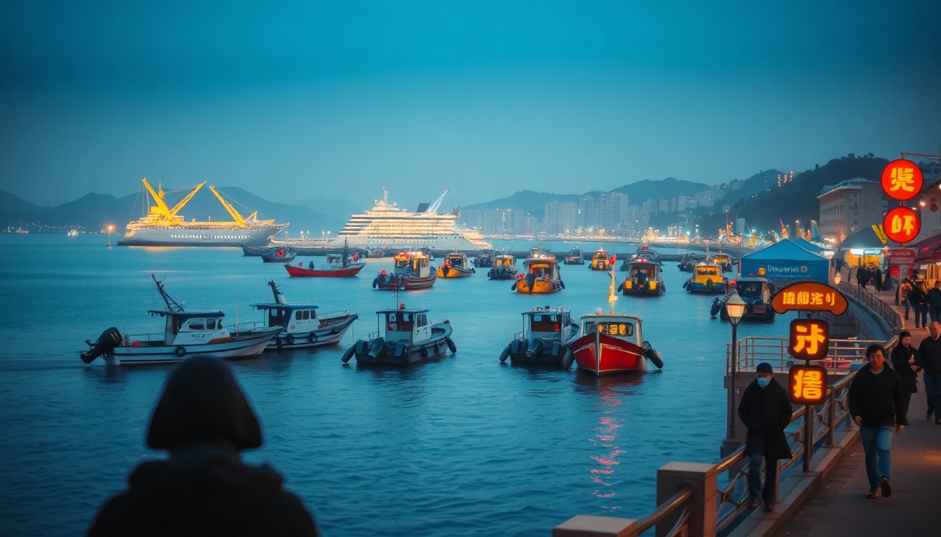 국내 여행지 추천 여행 - scenic coastal view of Tongyeong harbor with colorful boats and blue sea, domestic travel destination South Korea