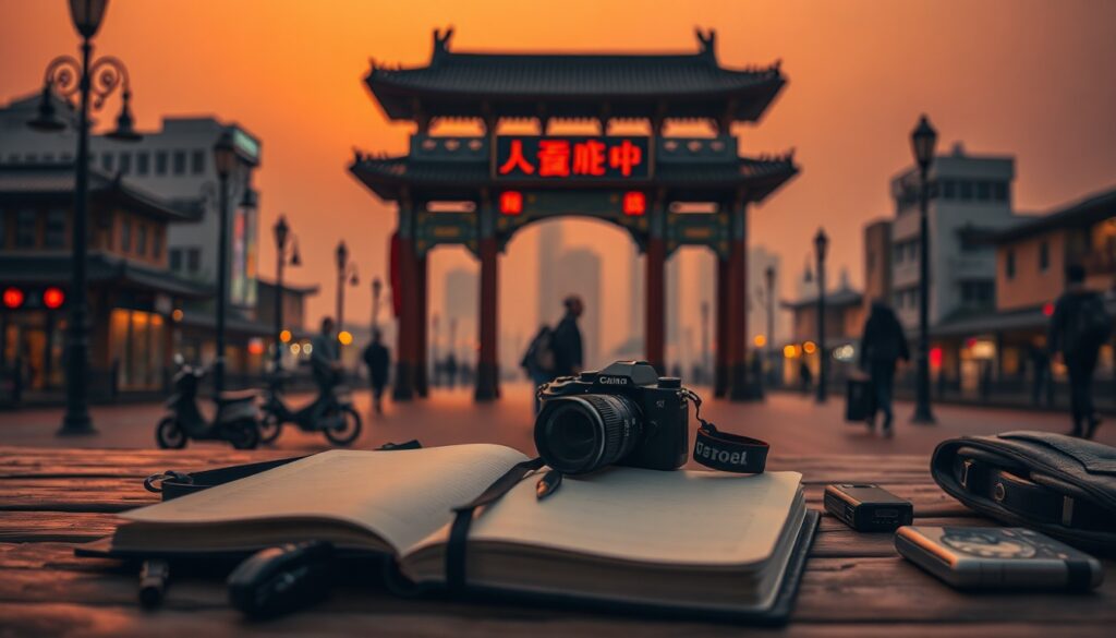 뉴공 아카이브 - flat lay of travel journal, camera, and hiking gear on wooden desk, New Gong Archive travel concept
