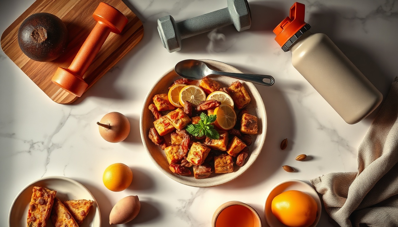 감량 지젤 - flat lay of healthy meal prep, dumbbells, and water bottle on white marble surface, weight loss concept