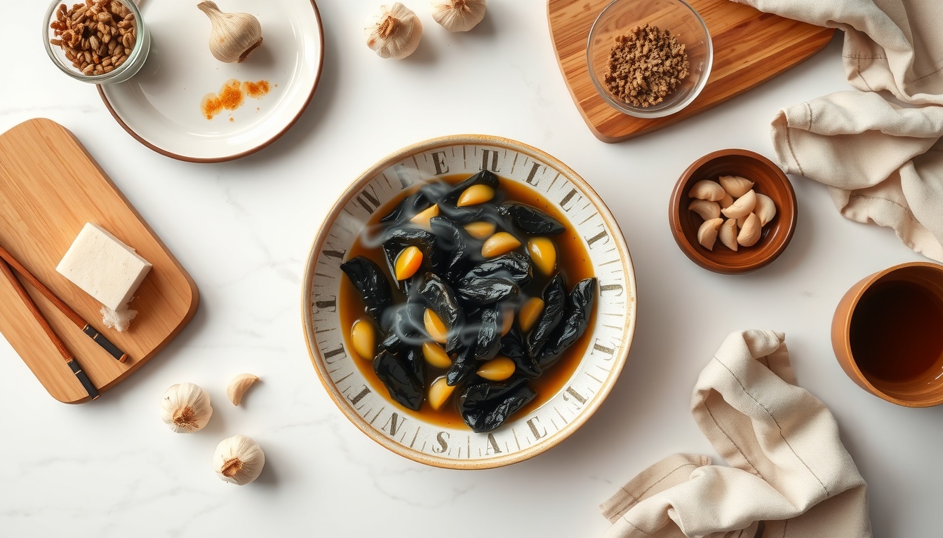 흑화랑 - flat lay of black fermented garlic (heukHwaRang) product on white marble surface with wooden spoon and green herbs, health food concept