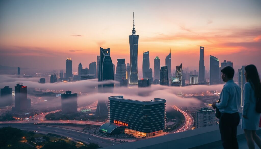 중국 기술의 - aerial view of Shenzhen city skyline with modern skyscrapers and tech district, China technology hub concept