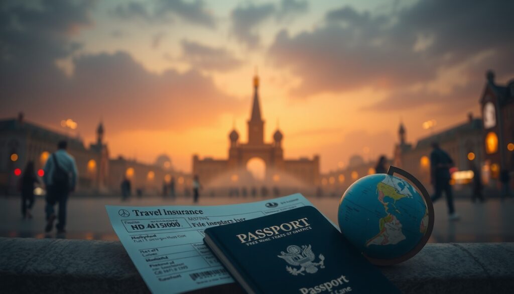 여행자 보험 - flat lay of passport, airplane ticket, travel insurance document and small globe on white desk, travel insurance concept