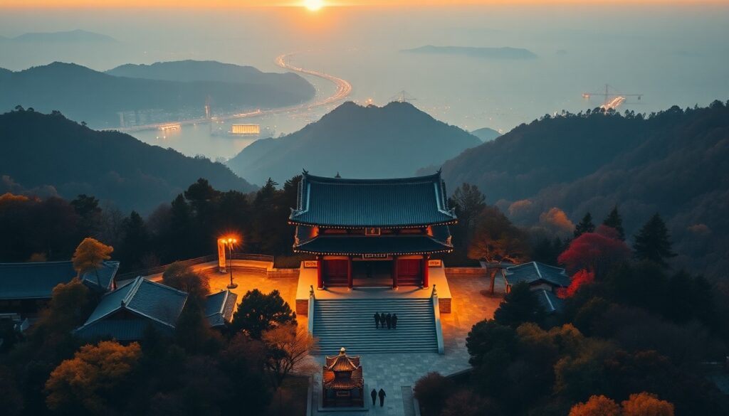 강화도 전등사 - aerial view of Jeondeungsa Temple in Ganghwado surrounded by autumn forest, peaceful landscape
