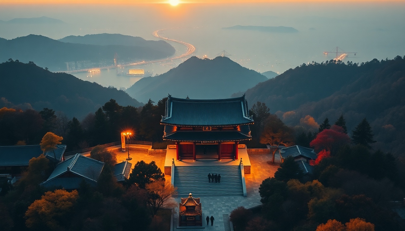 강화도 전등사 - aerial view of Jeondeungsa Temple in Ganghwado surrounded by autumn forest, peaceful landscape