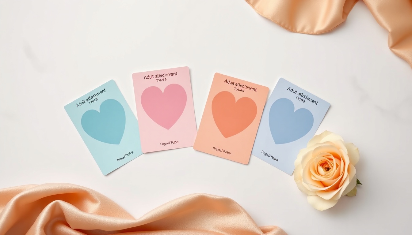성인애착유형검사 - four colorful cards representing adult attachment types on white background, psychology concept, flat lay