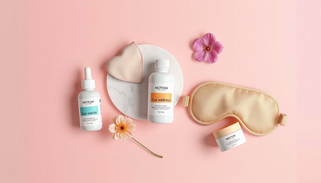 슬리피솔 - flat lay of sleep wellness products including supplement bottle, eye mask, and herbal tea on pastel background, sleepysol lifestyle concept