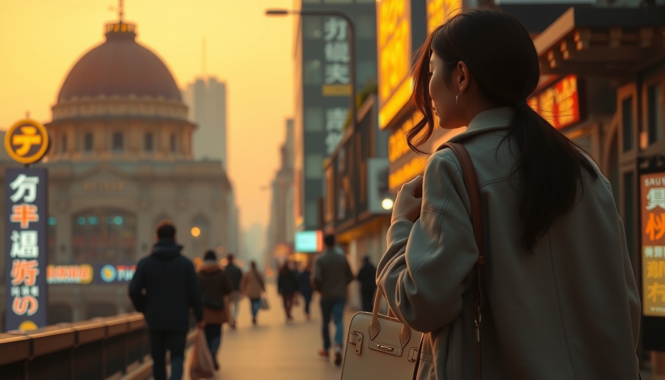 명품 브랜드 - Korean woman upper body shot with face visible, holding luxury handbag in stylish outfit, modern city background, natural hands