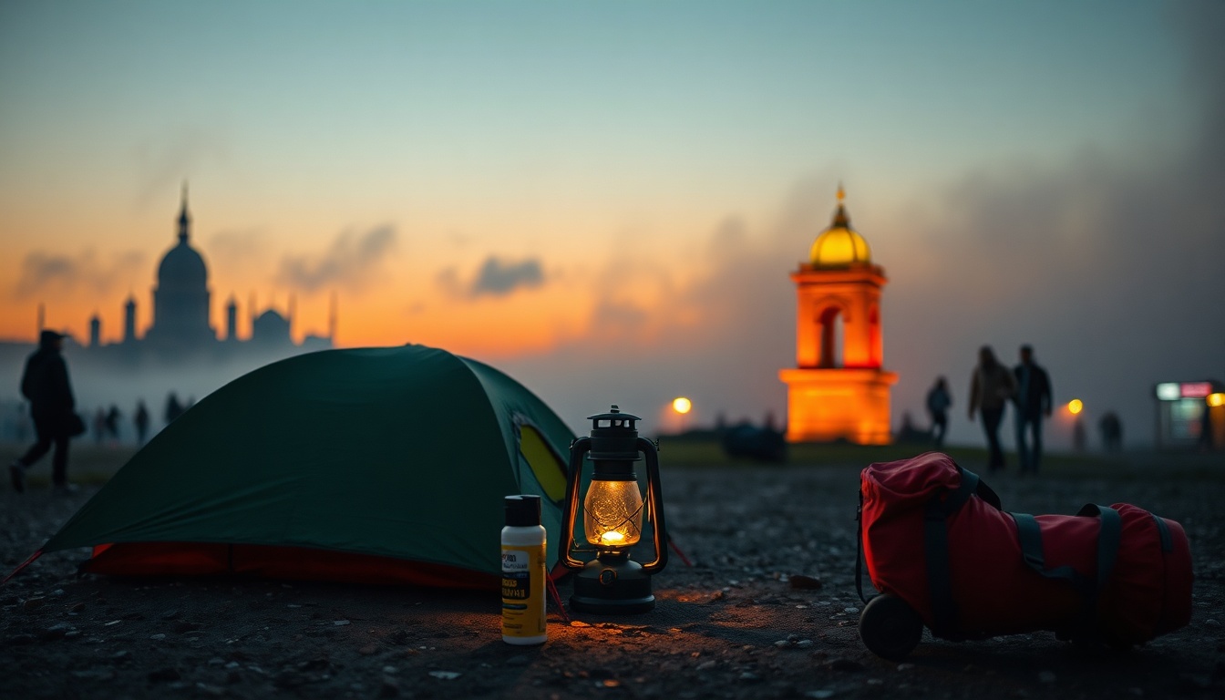 오대산국립공원사 무소 - flat lay of camping essentials including tent, lantern, insect repellent, and rain jacket on wooden table, Odaesan National Park camping preparation