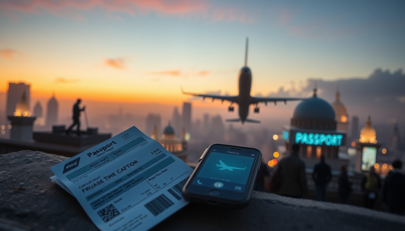 항공권싸게사는법 - flat lay of passport, airplane ticket, smartphone showing flight booking app, and small globe on white desk, travel budget concept