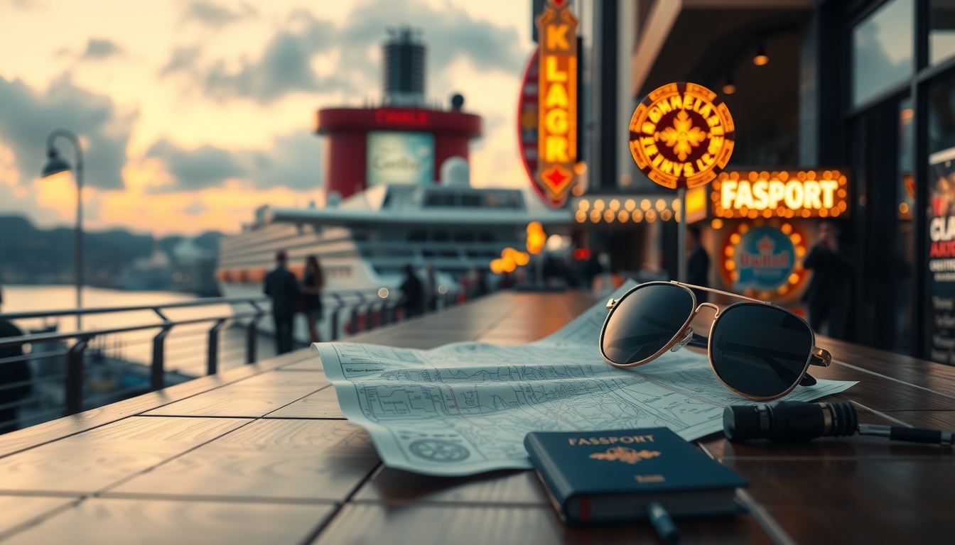 크루즈 톤급 - flat lay of cruise travel planning items including passport, map, sunglasses and booking documents on white desk, cruise tonnage guide concept