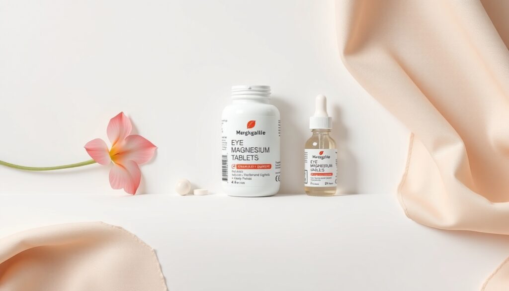 왼쪽눈밑떨림 - flat lay of eye health supplement, magnesium tablets and eye drops on white background, eye twitching relief concept