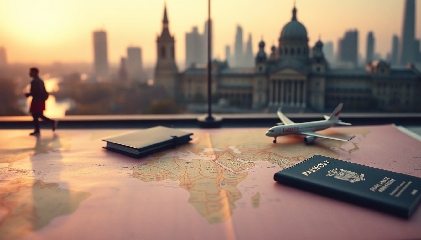 비행기표싸게사는법 - flat lay of world map, passport, and airplane model on pastel pink background, cheap flight booking concept