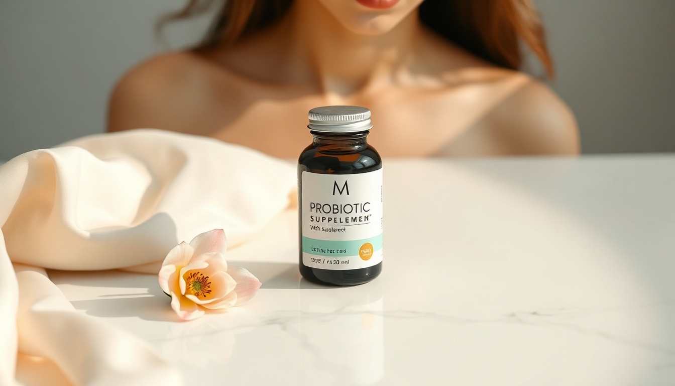 엘레나유산균 - Korean woman upper body shot with face visible, holding probiotic supplement with a healthy smile, natural hands, bright studio background