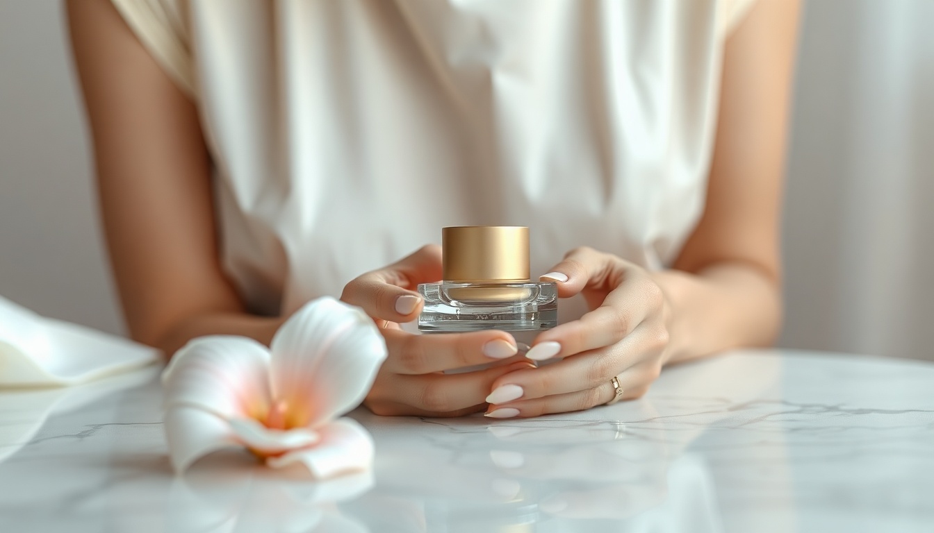 흑화랑 - Korean woman upper body shot with face visible, holding a small glass jar of black garlic supplement with natural hands, healthy lifestyle morning routine