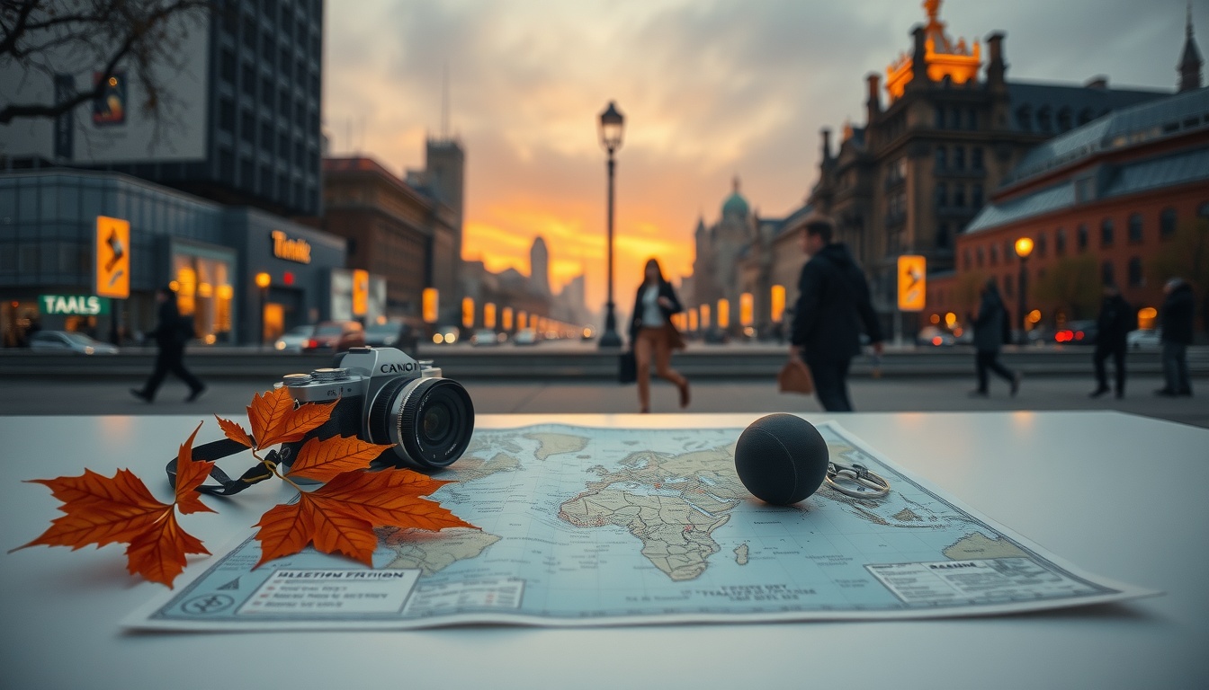 주말에 뭐하세요 - flat lay of travel map, camera, and autumn leaves on white desk, weekend outing in Korea concept