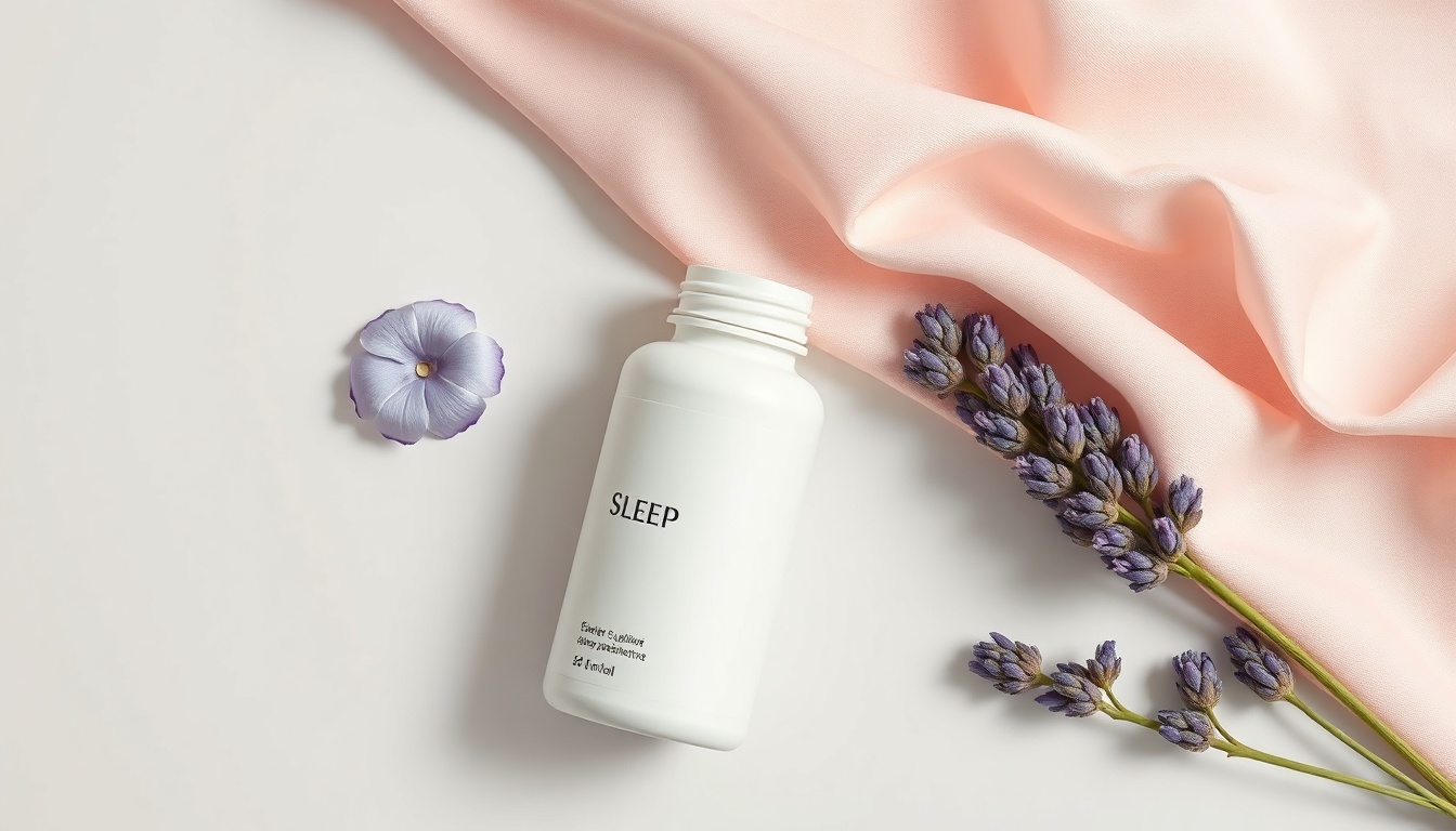 슬리피솔 - flat lay of sleep supplement bottle and lavender flowers on white background, sleepy sol product shot