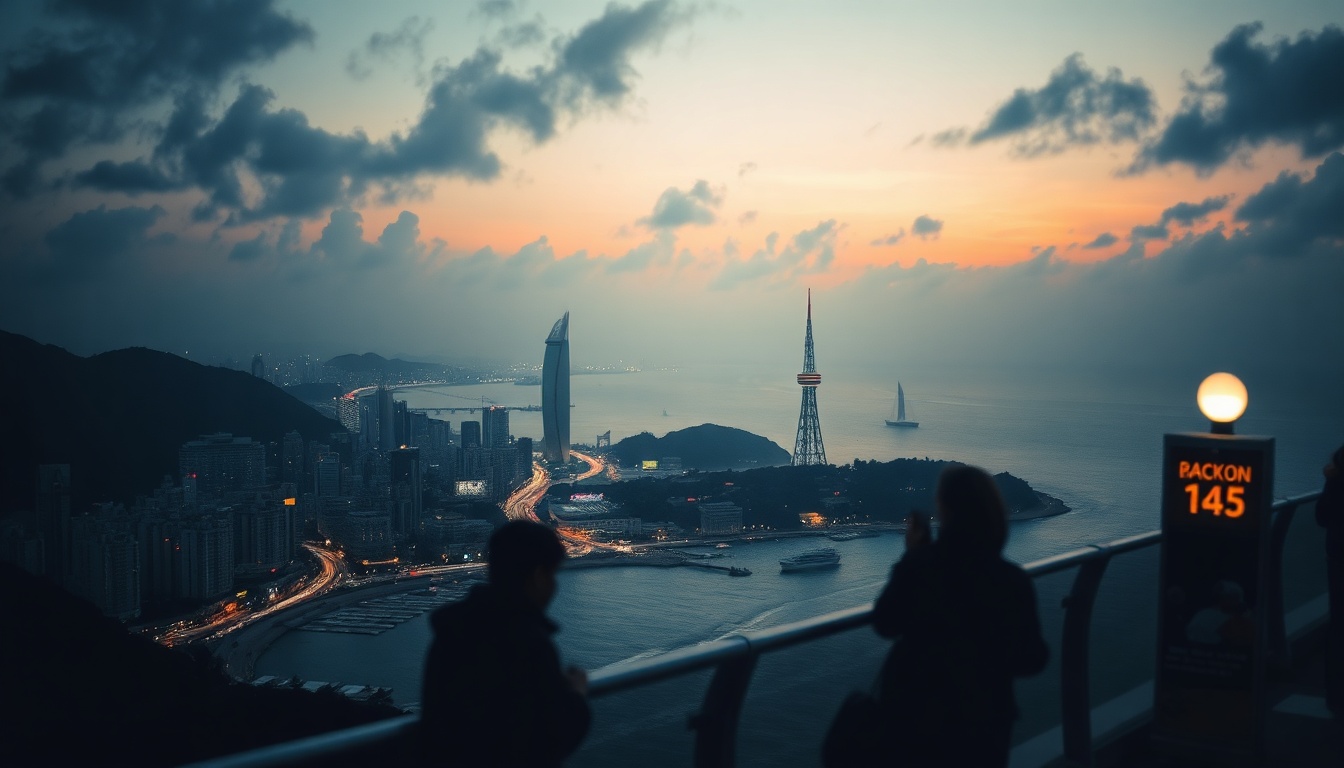 부산 여행 코스 여행 - aerial view of Busan city coastline with ocean and urban scenery, vibrant travel destination concept