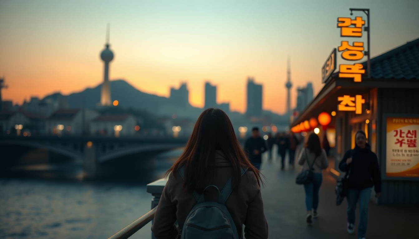 국내 여행지 추천 여행 - Korean female traveler upper body shot with face visible, standing at scenic ocean viewpoint, natural hands holding camera, travel lifestyle