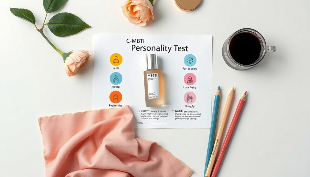 MBTI검사 - flat lay of personality test paper and colorful pencils on white desk, MBTI test concept with warm tones