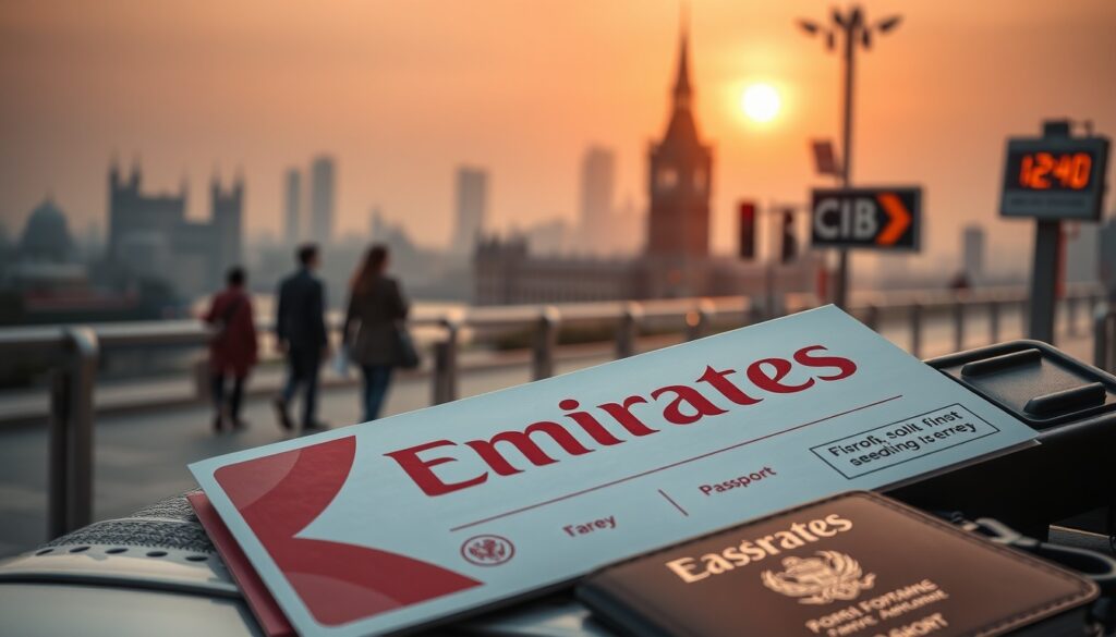 에미레이트 항공 - flat lay of Emirates airline boarding pass, passport, and travel accessories on white marble desk, travel planning concept