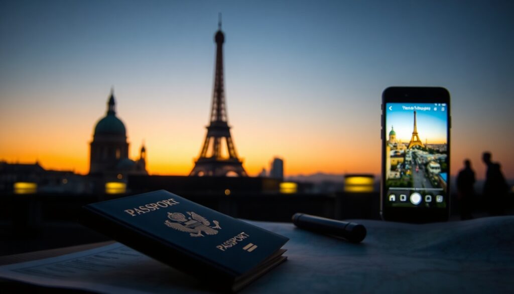 이주의 여행산업 - flat lay of travel accessories including passport, map, and smartphone showing travel app on white background, travel industry trend concept 2026