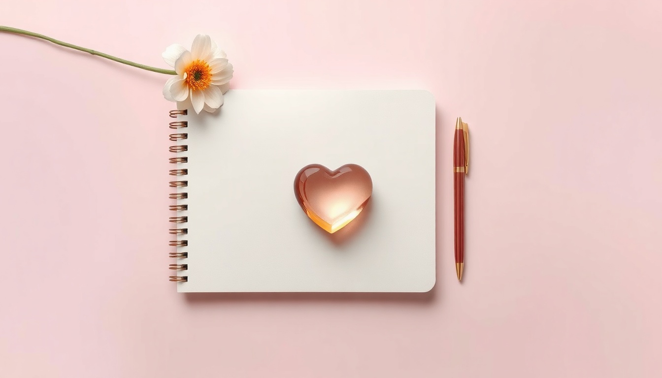 성인애착유형검사 - flat lay of notebook, heart-shaped object and pen on pastel pink desk, adult attachment style test concept